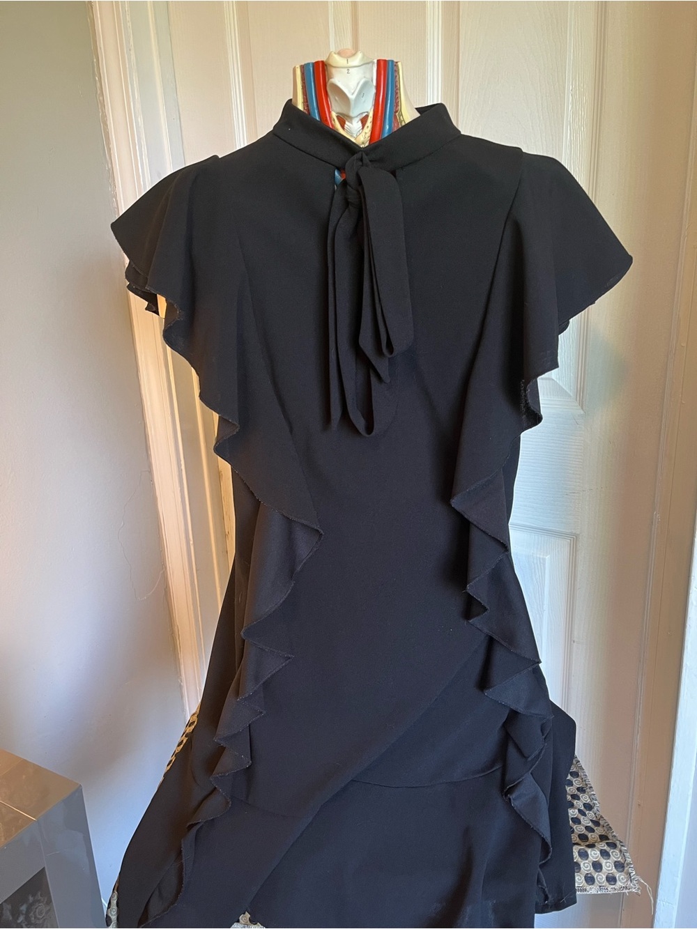 Women's Black Ruffle Tie-Neck Dress